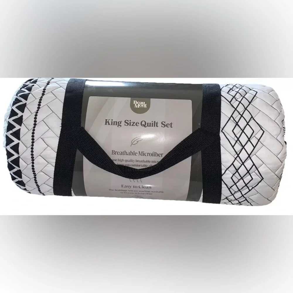 Beaumont King Size Quilt & Pillow Shams Set Black & White Design NEW (Q222)
